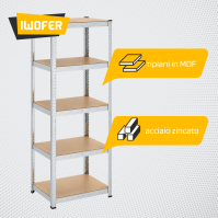 Scaffale Modulare Slim 5 Ripiani Acciaio/MDF 180x60x40cm Carichi Pesanti