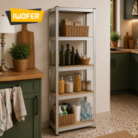 Scaffale Modulare Slim 5 Ripiani Acciaio/MDF 180x60x40cm Carichi Pesanti